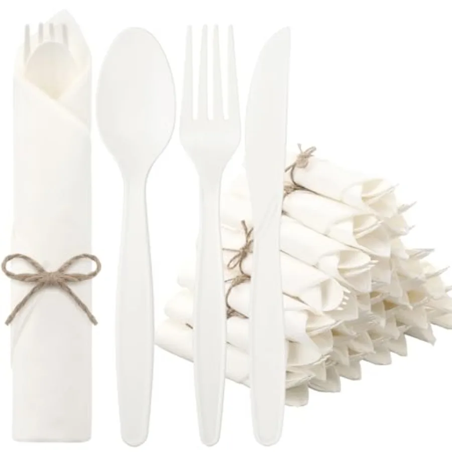Pre Rolled Napkin Cutlery Set Compostable Utensils 120pcs, set 7 Large Disposable Utensils Wrapped Forks Knives Spoons Napkins
Pre Rolled Napkin Cutlery Set Compostable Utensils 120pcs, set 7 Large Disposable Utensils Wrapped Forks Knives Spoons Napkins