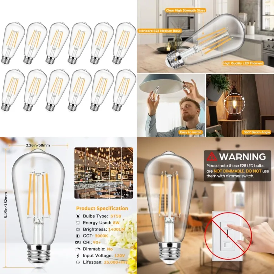 12-Pack Vintage LED Edison Bulbs 100W Equivalent 1400LM High Brightness 8W ST58 LED Filament Light Bulbs 3000K E26 Medium Base
12-Pack Vintage LED Edison Bulbs 100W Equivalent 1400LM High Brightness 8W ST58 LED Filament Light Bulbs 3000K E26 Medium Base
