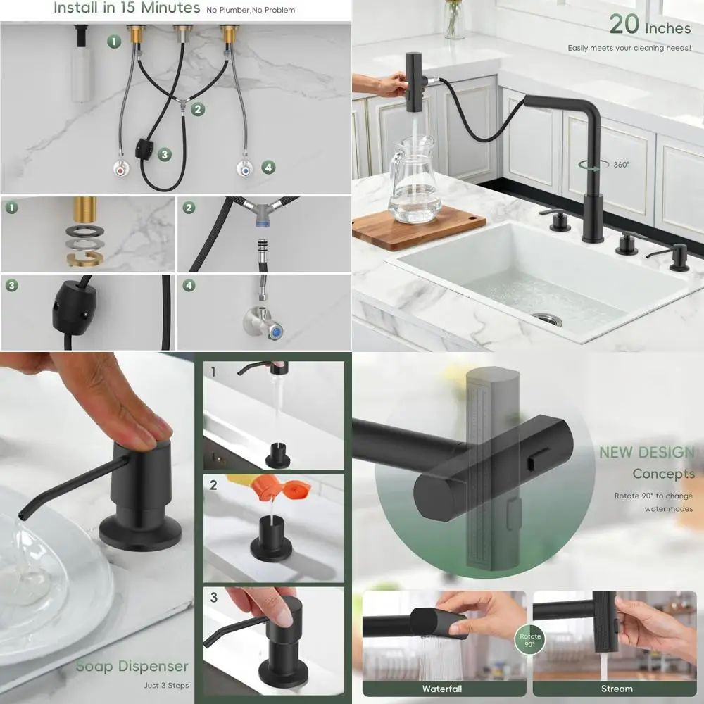 Stainless Steel 4-Hole Pull-Down Faucet with Soap Dispenser, Matte Black Dual-Handle Waterfall Sink Mixer
Stainless Steel 4-Hole Pull-Down Faucet with Soap Dispenser, Matte Black Dual-Handle Waterfall Sink Mixer