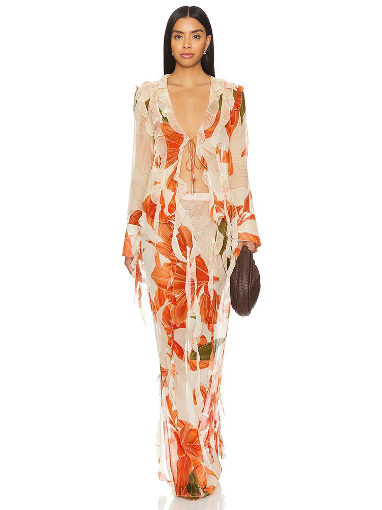Women's Beach Printed Strings 2 Pieces Set Sexy V Neck Long Sleeve Lacing Tops With Maxi Skirt Ruffles Suits Party Outfits
Women's Beach Printed Strings 2 Pieces Set Sexy V Neck Long Sleeve Lacing Tops With Maxi Skirt Ruffles Suits Party Outfits