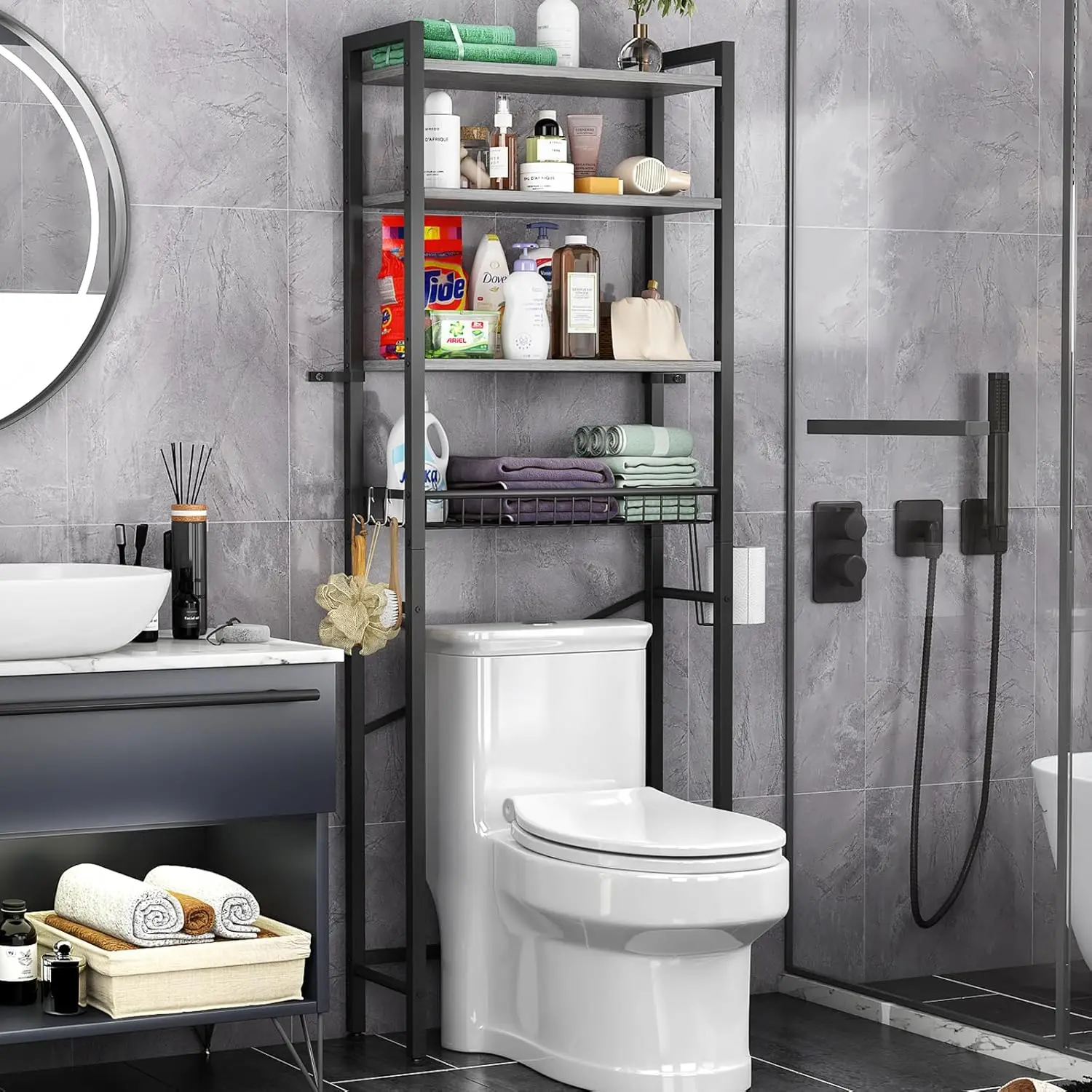 4-Tier Over-The-Toilet Storage Rack with Adjustable Shelf and Basket, Freestanding Space Saver Bathroom Organizer in Pure Gray
4-Tier Over-The-Toilet Storage Rack with Adjustable Shelf and Basket, Freestanding Space Saver Bathroom Organizer in Pure Gray