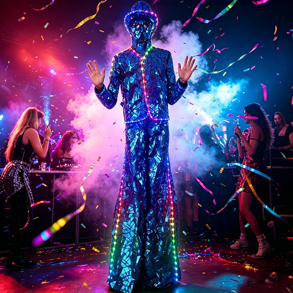 Blue LED Suit Set with Stilt Mask for Men - Celebration Performance Costume for Bar Party Stage Wear
Blue LED Suit Set with Stilt Mask for Men - Celebration Performance Costume for Bar Party Stage Wear