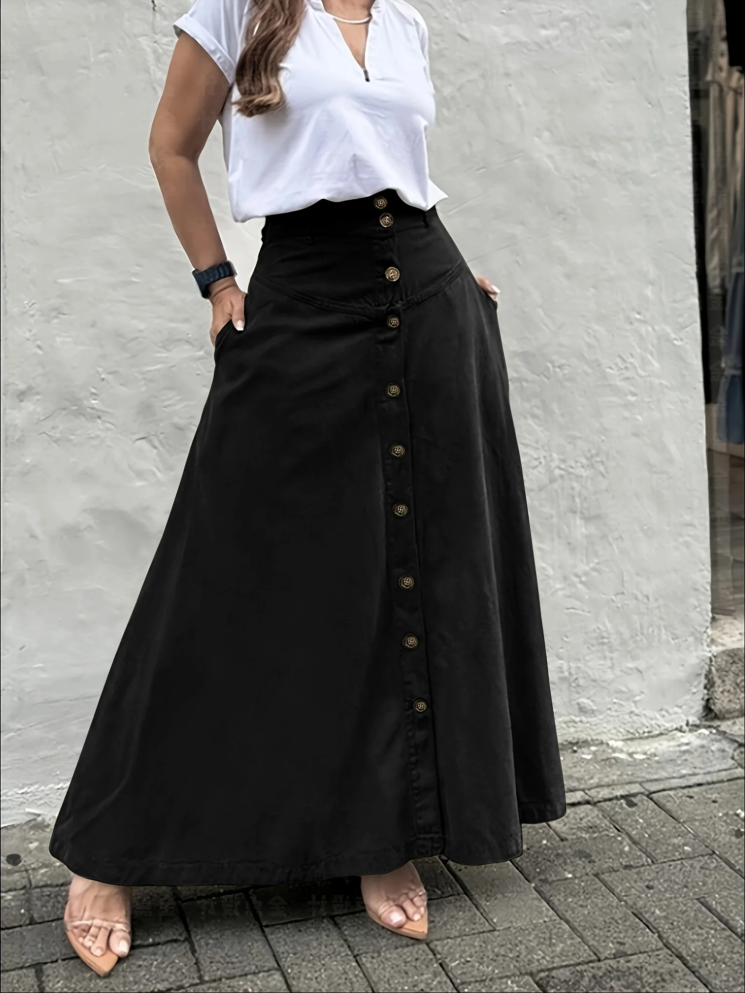 Women's Elegant Solid Color High Waist Mid-Long Skirt Fashionable and Practical with Pockets and Button Front Slit A-Line Skirt
Women's Elegant Solid Color High Waist Mid-Long Skirt Fashionable and Practical with Pockets and Button Front Slit A-Line Skirt