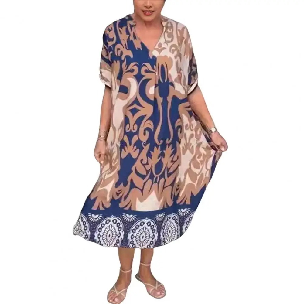 Vintage Women A-line Dress with Side Pockets for V Neck Short Sleeve Mid-calf Length Summer Dress
Vintage Women A-line Dress with Side Pockets for V Neck Short Sleeve Mid-calf Length Summer Dress