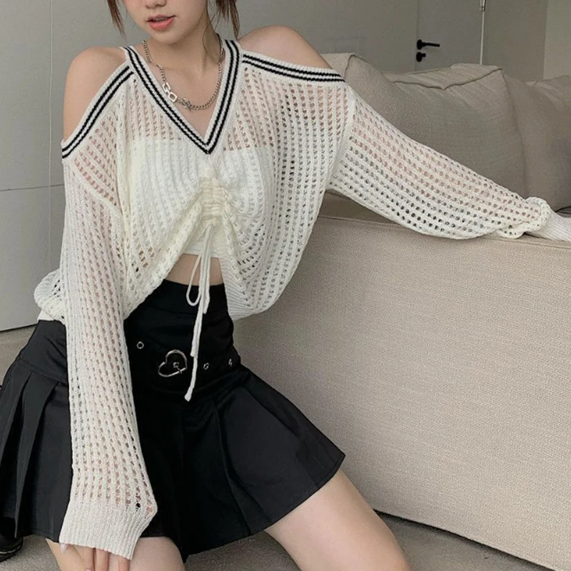 Hollow Out Off Shoulder Loose Thin Tops Tees Summer New Striped Drawstring Short Knitting Pullovers Sexy Fashion Women Clothing
Hollow Out Off Shoulder Loose Thin Tops Tees Summer New Striped Drawstring Short Knitting Pullovers Sexy Fashion Women Clothing