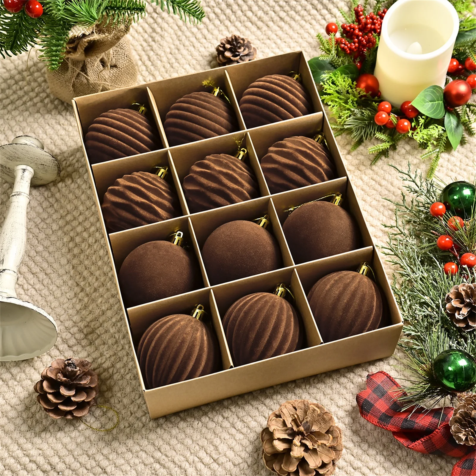 12pcs 8cm Brown Christmas Balls Luxury Flocking Xmas Decorative Hanging Ornaments New Year Party Christmas Spheres Pendant Set
12pcs 8cm Brown Christmas Balls Luxury Flocking Xmas Decorative Hanging Ornaments New Year Party Christmas Spheres Pendant Set
