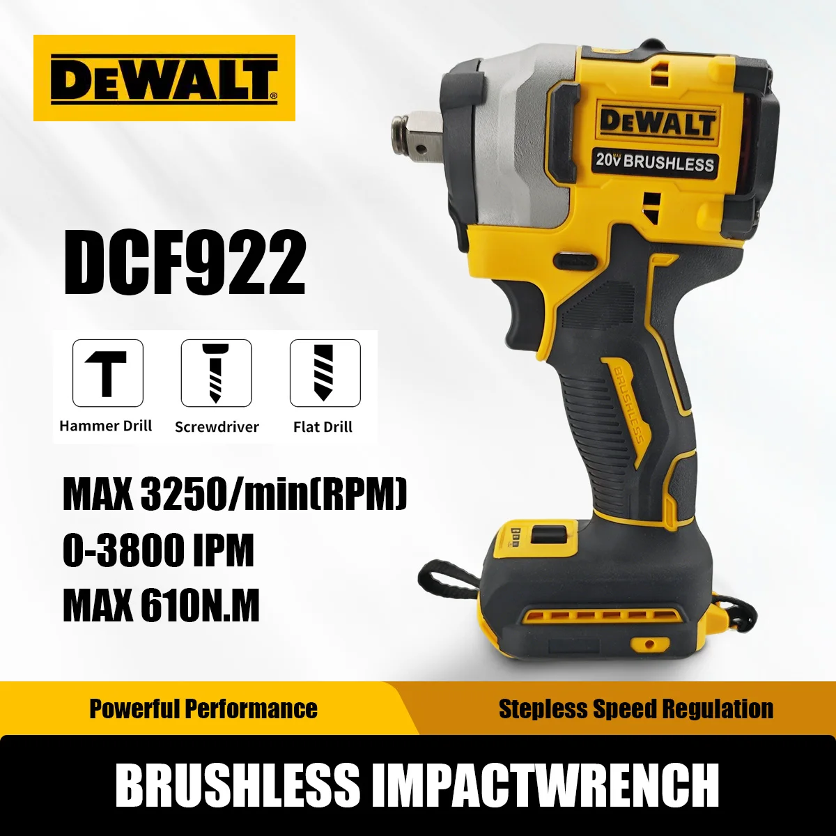 Бесщеточный ударный гайковерт DEWALT DCF922 20В, крутящий момент 610 Нм, привод 1/2 дюйма, 3250 об/мин, для затяжки автомобильных болтов и строительных работ
Бесщеточный ударный гайковерт DEWALT DCF922 20В, крутящий момент 610 Нм, привод 1/2 дюйма, 3250 об/мин, для затяжки автомобильных болтов и строительных работ