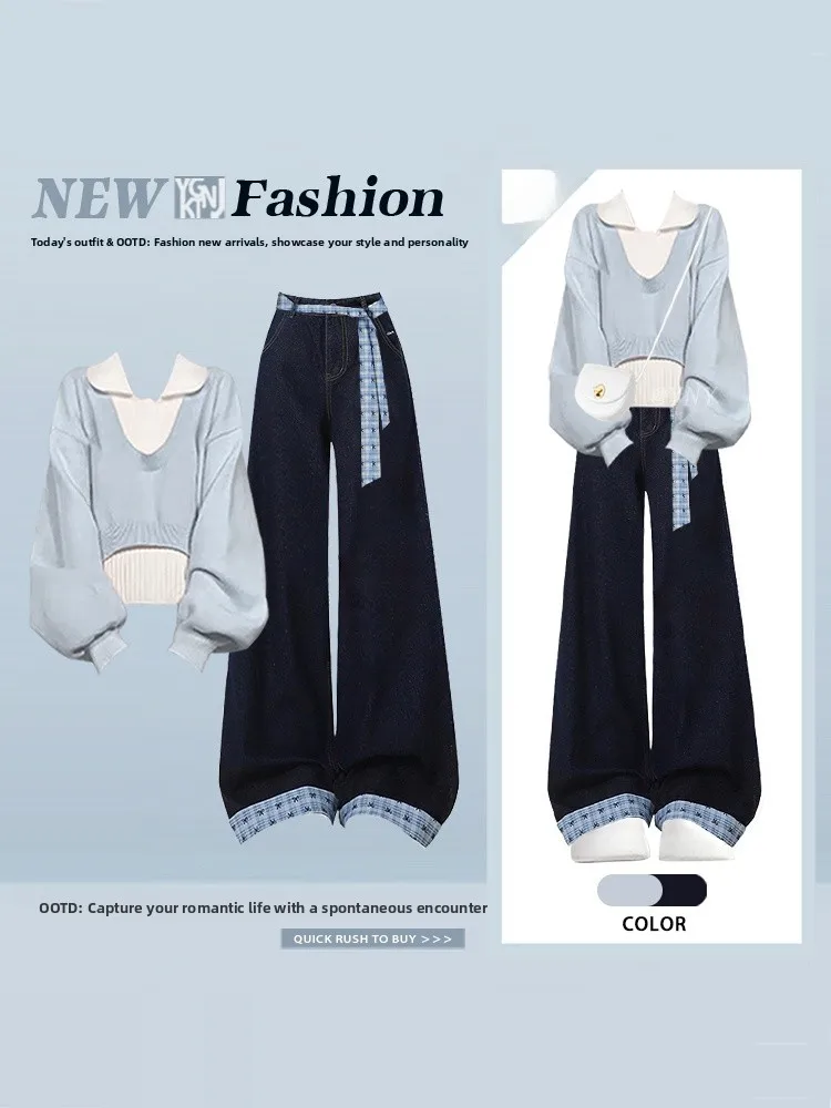 Blue Knitted Sweater And Denim Pants Set Women's Gentle Ele Sle Autumn Winter Two-Piece Outfit High Waist Long Pants
Blue Knitted Sweater And Denim Pants Set Women's Gentle Ele Sle Autumn Winter Two-Piece Outfit High Waist Long Pants