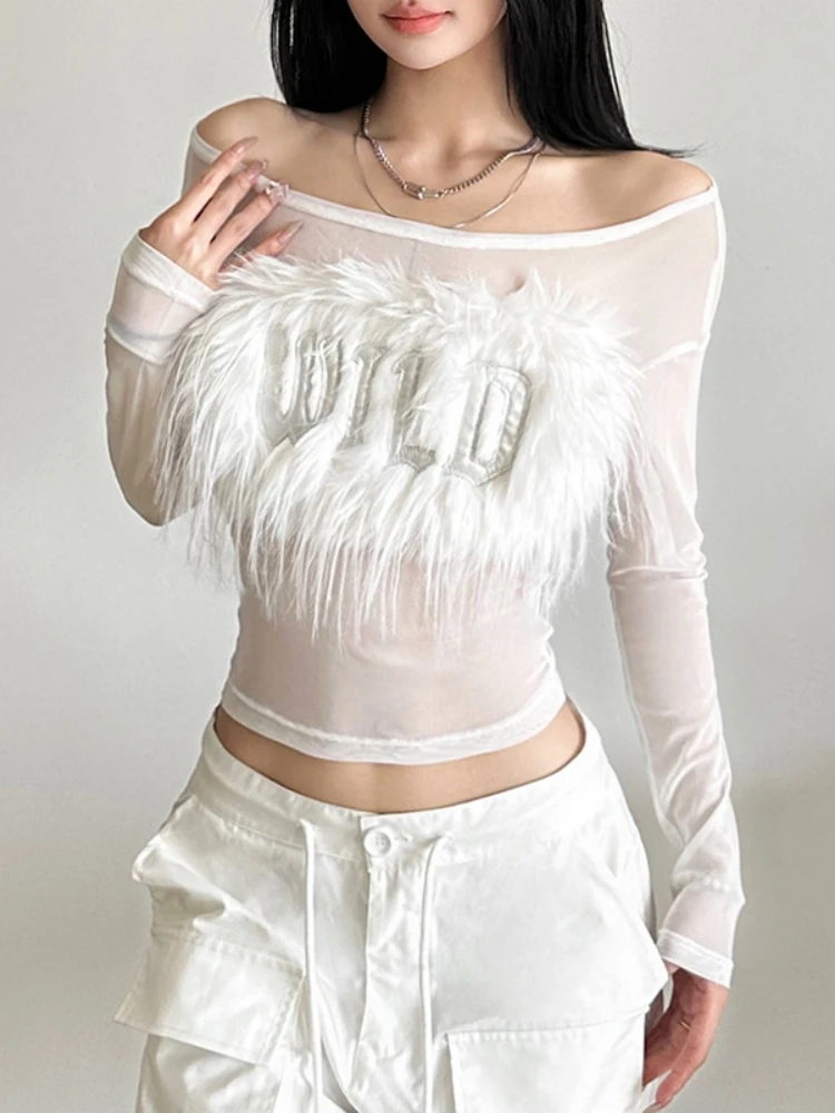 Fuzzy Tshirt Transparent Mesh Y2k Crop Top Women Streetwear Off Shoulder Feminist Clothes Long Sleeve Camisetas Ropa De Mujer
Fuzzy Tshirt Transparent Mesh Y2k Crop Top Women Streetwear Off Shoulder Feminist Clothes Long Sleeve Camisetas Ropa De Mujer