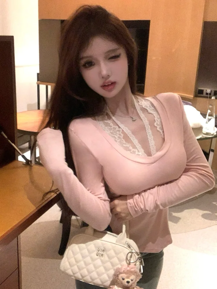 Pure Desire Pink Long Sleeve T-Shirt Women's Slim Fit Waist Cinching Base Shirt Tight Layering Lace Halter Top City Walk
Pure Desire Pink Long Sleeve T-Shirt Women's Slim Fit Waist Cinching Base Shirt Tight Layering Lace Halter Top City Walk