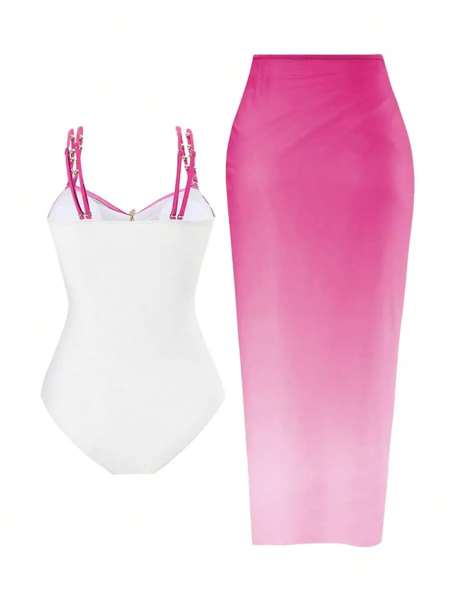 White One-Piece Swimsuit With Pink Straps And Gradient Pink Skirt Set For Women Summer Beach Vacation Wear
White One-Piece Swimsuit With Pink Straps And Gradient Pink Skirt Set For Women Summer Beach Vacation Wear
