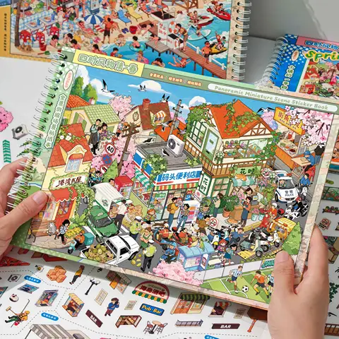New Four-Season Scenery Sticker Book, Panoramic Scene Small Town Life Theme Scene Stickers, Large Size with Positioning Lines, Educational DIY Sticker Decoration Materials