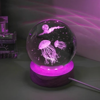 3D 해파리 레이저 각인 크리스탈 볼 LED 야간 조명, 생일 여자 친구, 동급생 아내, 어린이 크리스마스 날 선물