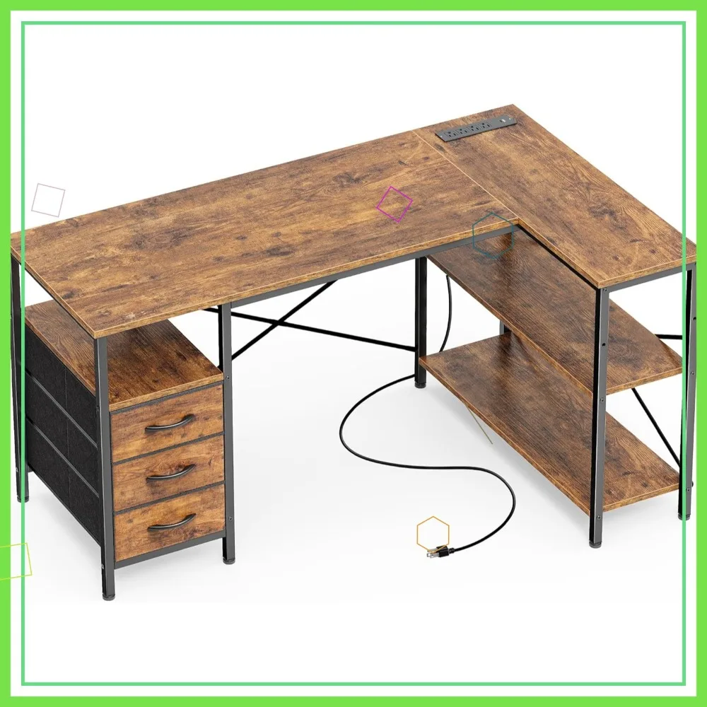 L-Shaped Office Desk with Power Outlets, 47 Inch Computer Desk with Drawers and Shelves for Gaming, Home Office
L-Shaped Office Desk with Power Outlets, 47 Inch Computer Desk with Drawers and Shelves for Gaming, Home Office