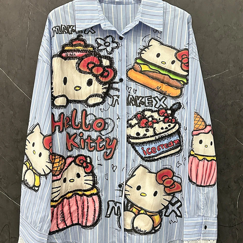 Женская полосатая рубашка с мультяшным принтом Hello Kitty, милая блузка с длинными рукавами в стиле Y2K, повседневный топ оверсайз с кружевной отделкой и пуговицами в стиле Харадзюку
Женская полосатая рубашка с мультяшным принтом Hello Kitty, милая блузка с длинными рукавами в стиле Y2K, повседневный топ оверсайз с кружевной отделкой и пуговицами в стиле Харадзюку