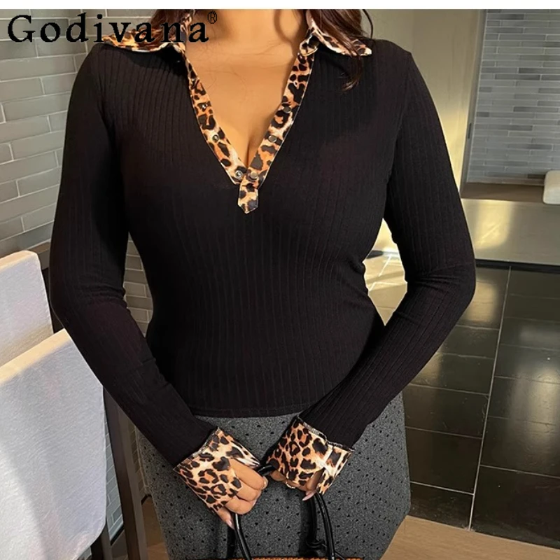 Эластичная тонкая американская милая крутая футболка с длинными рукавами и леопардовым принтом для девочек, черная футболка с v-образным вырезом в стиле ретро, универсальный уличный простой топ
