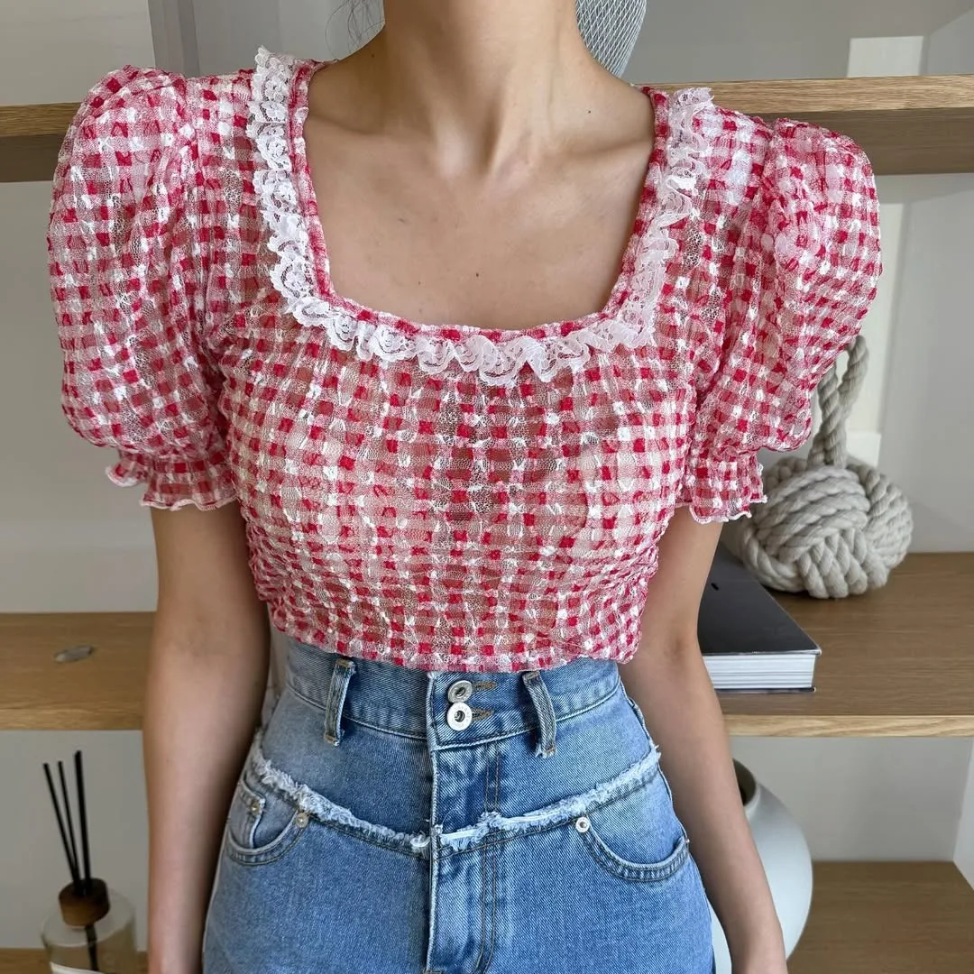 Korean Style Summer New Sweet Youthful Plaid Lace Square Collar Short Sleeve Chiffon Shirt Versatile Thin Shirt Women
Korean Style Summer New Sweet Youthful Plaid Lace Square Collar Short Sleeve Chiffon Shirt Versatile Thin Shirt Women