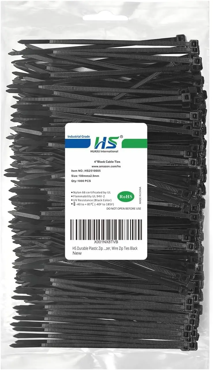4" Nylon Zip Ties 1000 Pack, 18 lbs Tensile, Black, UV Resistant
4" Nylon Zip Ties 1000 Pack, 18 lbs Tensile, Black, UV Resistant