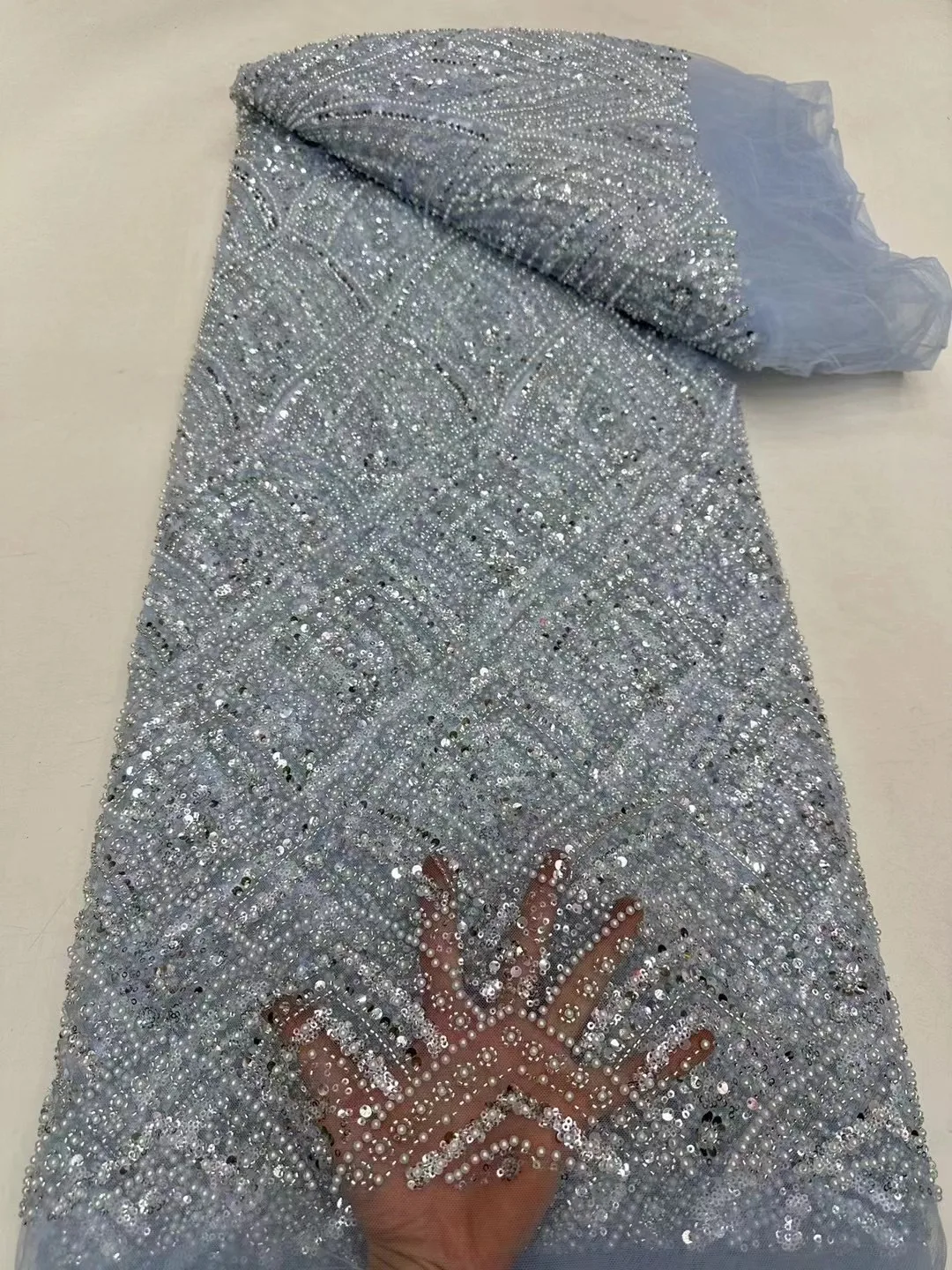 Handmade Beaded Lace Fabric, Sky Blue Embroidery, French Lace, Wedding Dress, Embroidered Aqua Tulle Fabric, High-End
Handmade Beaded Lace Fabric, Sky Blue Embroidery, French Lace, Wedding Dress, Embroidered Aqua Tulle Fabric, High-End