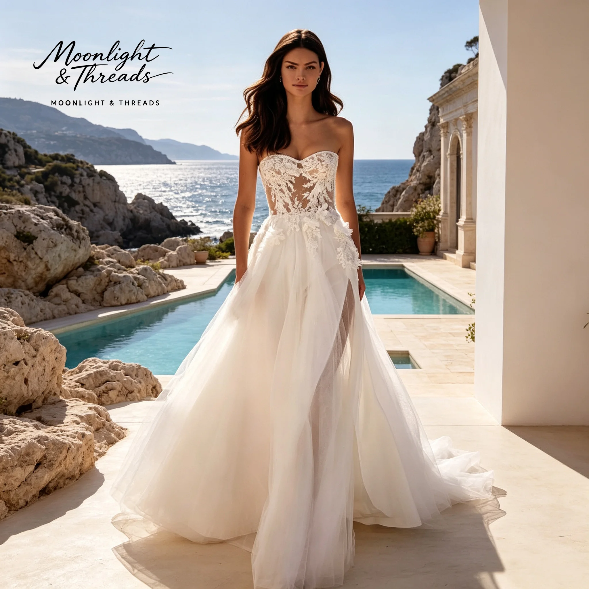Ivory strapless A-line formal wedding gown featuring a floor-length skirt with a slit and intricate cutout lace detailing
Ivory strapless A-line formal wedding gown featuring a floor-length skirt with a slit and intricate cutout lace detailing