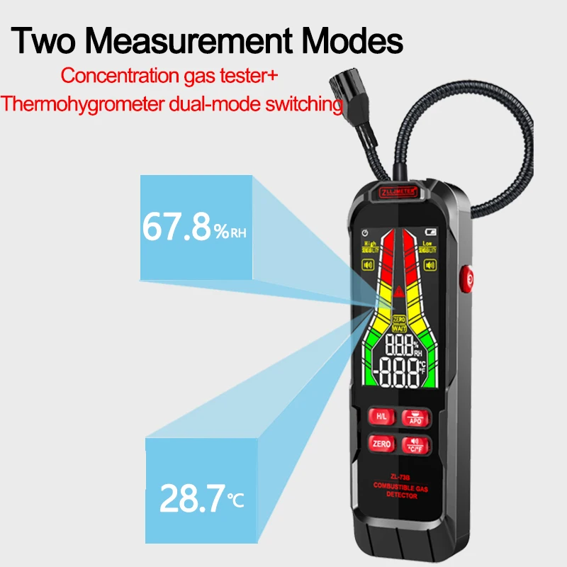 ZL73A Combustible Gas Detector Temperature and Humidity Display Adjustable Sensitivity Sound Alarm Instant Reaction Gas analyzer
ZL73A Combustible Gas Detector Temperature and Humidity Display Adjustable Sensitivity Sound Alarm Instant Reaction Gas analyzer