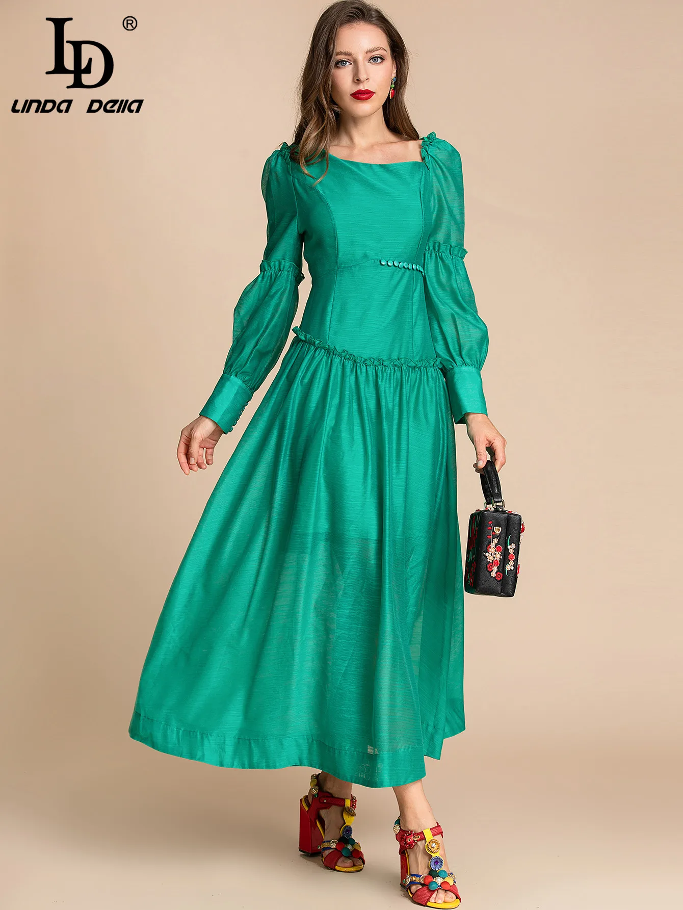LD LINDA DELLA Summer Fashion Designer Solid Green Dresses Women's Diagonal collar Long Sleeve A-Line Casual Long Dress Vestidos
LD LINDA DELLA Summer Fashion Designer Solid Green Dresses Women's Diagonal collar Long Sleeve A-Line Casual Long Dress Vestidos