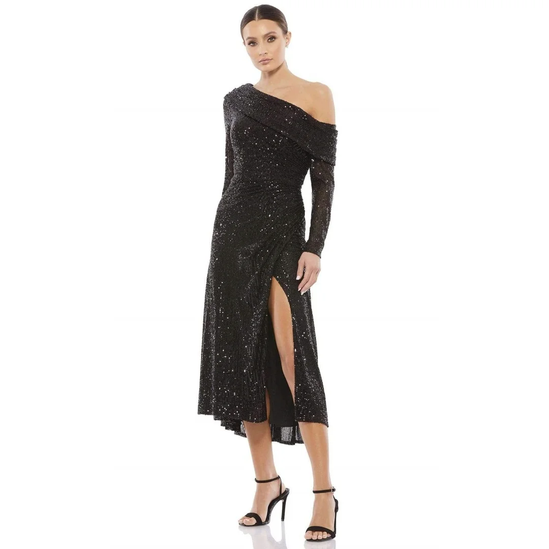 Elegant Off the Shoulder Cocktail Dresses With Long Sleeve Pleats Backless High Split Tea-Length Wedding Guest Gowns Party Dress
Elegant Off the Shoulder Cocktail Dresses With Long Sleeve Pleats Backless High Split Tea-Length Wedding Guest Gowns Party Dress