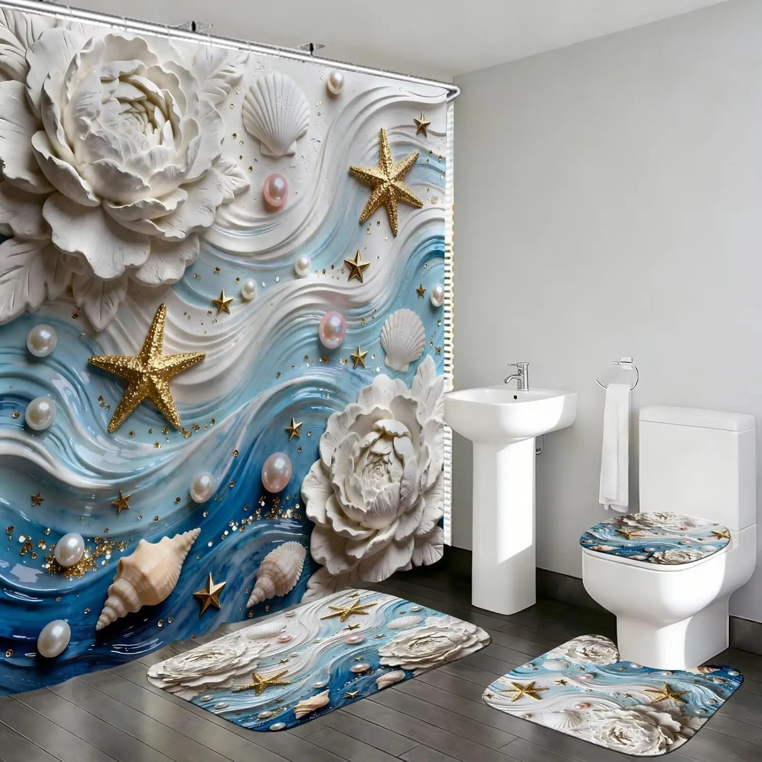 3D Waves Starfish Shower Curtain Set with Rugs, Seashells, Pearl Accents - White Floral Bathroom Decor
3D Waves Starfish Shower Curtain Set with Rugs, Seashells, Pearl Accents - White Floral Bathroom Decor