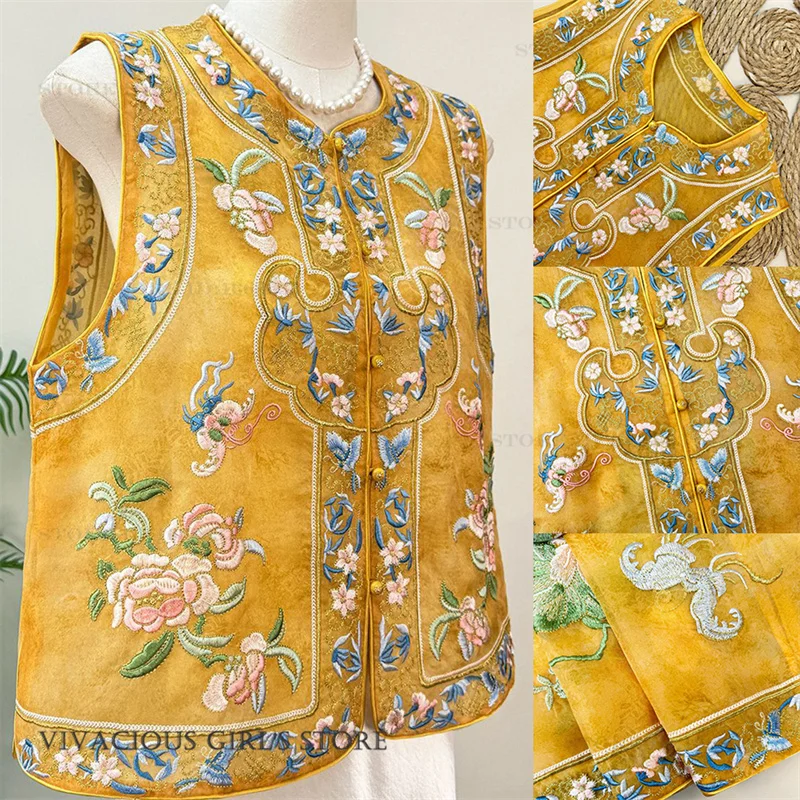 New Chinese Style Embroidery Qipao Vest Tops Vintage O-Neck Tang Clothes Waistcoat Loose Yellow Satin Sleeveless Jacket Coat
New Chinese Style Embroidery Qipao Vest Tops Vintage O-Neck Tang Clothes Waistcoat Loose Yellow Satin Sleeveless Jacket Coat