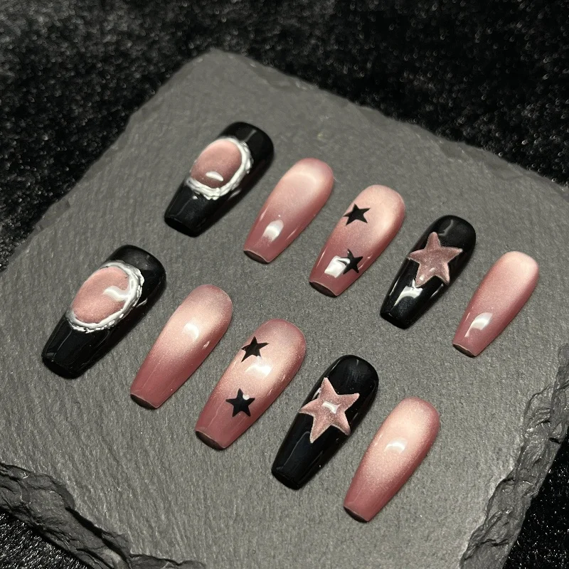 10PCS Glitter Pink Cat Eye Fake Nails Sweet Cool Shiny Black Star Crystal Handmade Press on Nails Simple Pattern False Nails Art
10PCS Glitter Pink Cat Eye Fake Nails Sweet Cool Shiny Black Star Crystal Handmade Press on Nails Simple Pattern False Nails Art