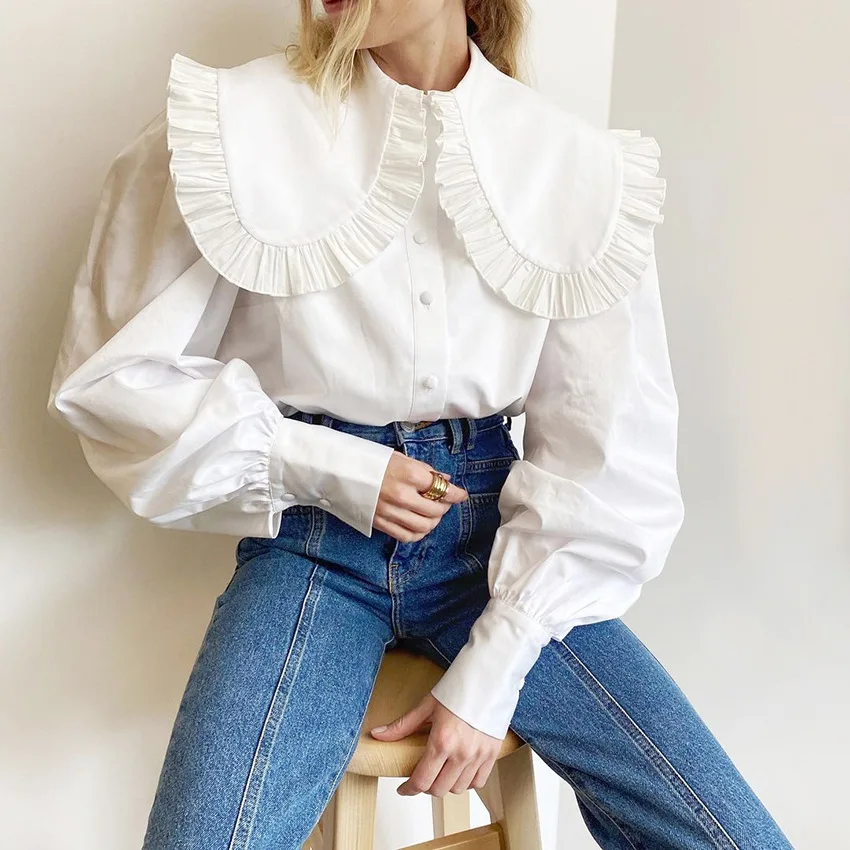 Elegant Temperament Peter Pan Collar Ruffle Long Sleeve White Shirt Women New Autumn Cotton Casual Blouse Tops s771
Elegant Temperament Peter Pan Collar Ruffle Long Sleeve White Shirt Women New Autumn Cotton Casual Blouse Tops s771