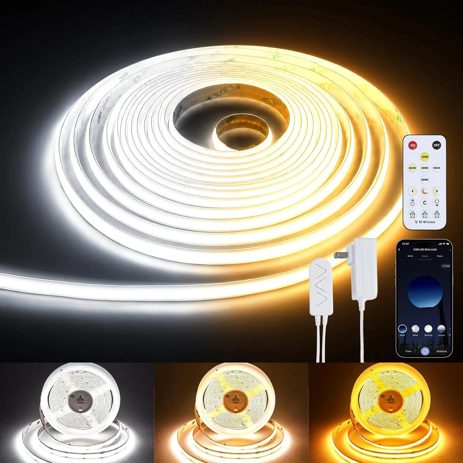 32.8ft COB LED Strip Light, 24V Dimmable 2300K-6500K, 6080 LEDs 48W, APP & Remote Control
32.8ft COB LED Strip Light, 24V Dimmable 2300K-6500K, 6080 LEDs 48W, APP & Remote Control
