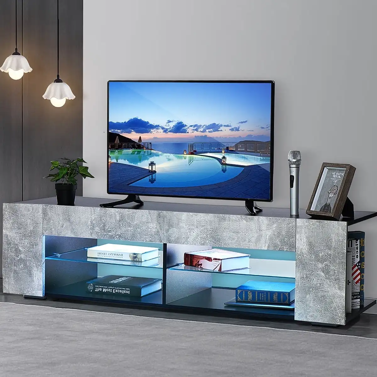 LED TV Stand TV Cabinet for TVs up to 65" with Side Bookshelf and 4 Open Shelves Modern Television Media Console
LED TV Stand TV Cabinet for TVs up to 65" with Side Bookshelf and 4 Open Shelves Modern Television Media Console