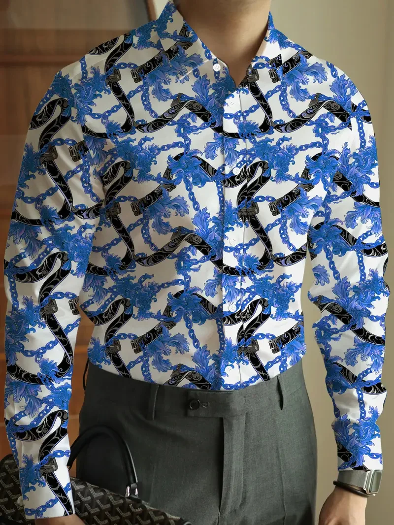 Новая мужская рубашка с длинным рукавом, повседневная рубашка на пуговицах с 3D цепочкой и принтом, простой дизайн для официальных мероприятий
Новая мужская рубашка с длинным рукавом, повседневная рубашка на пуговицах с 3D цепочкой и принтом, простой дизайн для официальных мероприятий