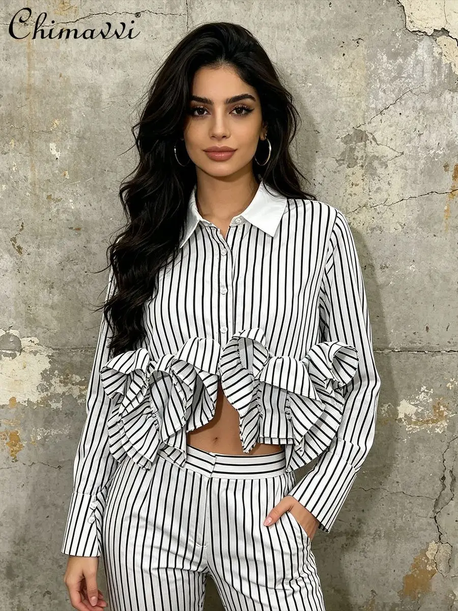 American Elegant Commuter Polo Collar Long Sleeve Single Breasted 3D Ruffled Versatile Striped Short Shirt Top Women 2026 Summer
American Elegant Commuter Polo Collar Long Sleeve Single Breasted 3D Ruffled Versatile Striped Short Shirt Top Women 2026 Summer