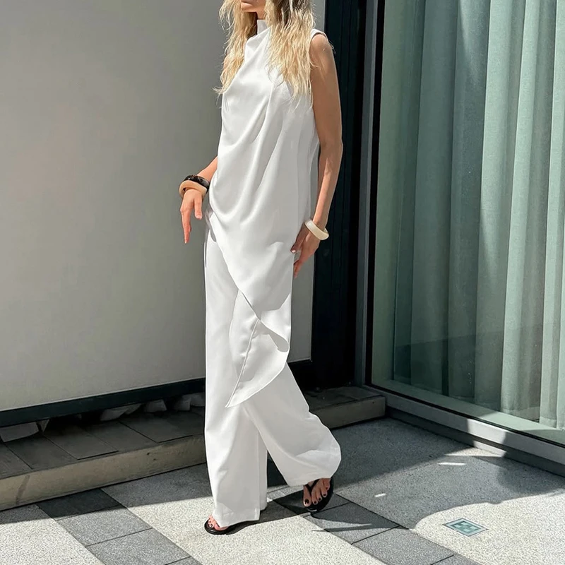 Chic White Stand Up Collar Ribbon Suit Fashion Office Commute Irregular Outfit Temperament Sleeveless Top+Wide Leg Pants 2pc Set
Chic White Stand Up Collar Ribbon Suit Fashion Office Commute Irregular Outfit Temperament Sleeveless Top+Wide Leg Pants 2pc Set