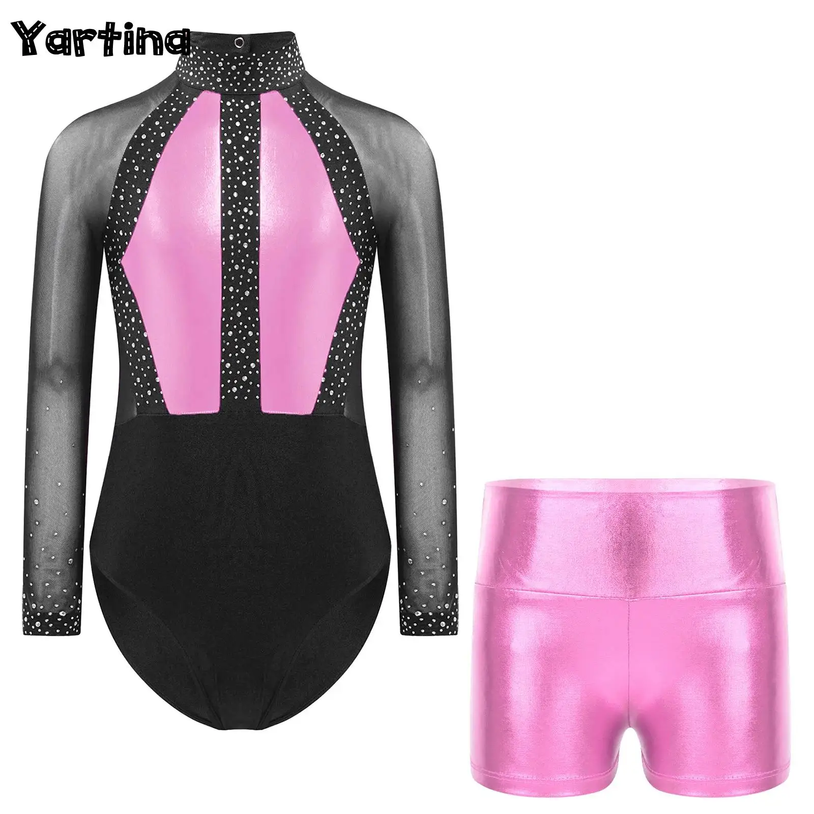 Kids Girls Rhythmic Gymnastics Artistic Figure Skating Ballet Dance Outfits Sheer Mesh Rhinestones Leotard with Metallic Shorts
Kids Girls Rhythmic Gymnastics Artistic Figure Skating Ballet Dance Outfits Sheer Mesh Rhinestones Leotard with Metallic Shorts