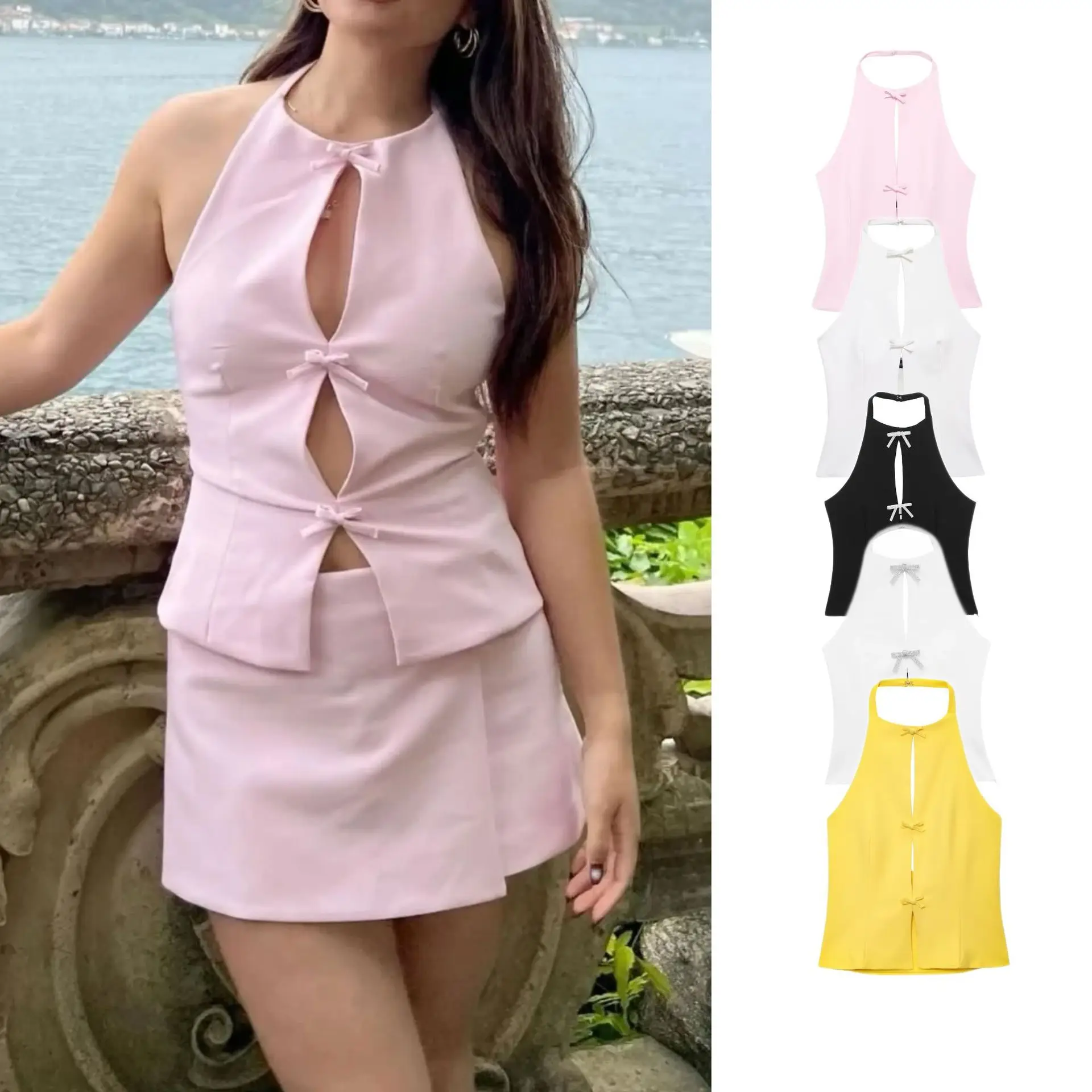 Women's Fashion Sexy Hollow Out Single Row Bow Tie Halter Neck Vest Shorts Two Piece Set Summer Fresh And Sweet Lady Clothing
Women's Fashion Sexy Hollow Out Single Row Bow Tie Halter Neck Vest Shorts Two Piece Set Summer Fresh And Sweet Lady Clothing