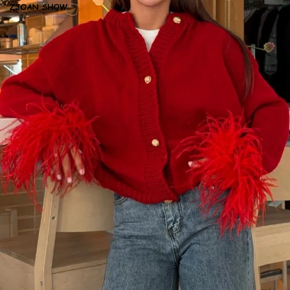 Spring Retro Splice Feather Cuff Knitted Short Cardigan Woman O neck Single-breasted Buttons Full Sleeve Sweater Knitwear Jumper
Spring Retro Splice Feather Cuff Knitted Short Cardigan Woman O neck Single-breasted Buttons Full Sleeve Sweater Knitwear Jumper