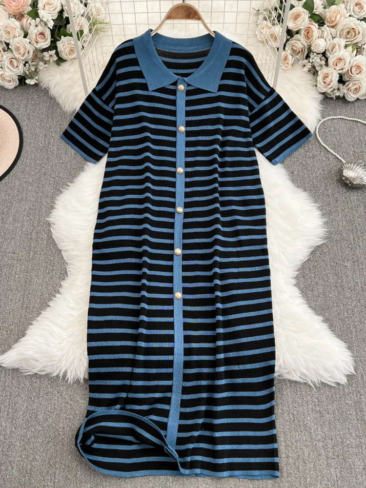 Fashion Vintage Knit Dresses Turn Down Collar Short Sleeve Striped Long Dress Single Breasted Casual Loose 2025 Women's Clothing
Fashion Vintage Knit Dresses Turn Down Collar Short Sleeve Striped Long Dress Single Breasted Casual Loose 2025 Women's Clothing