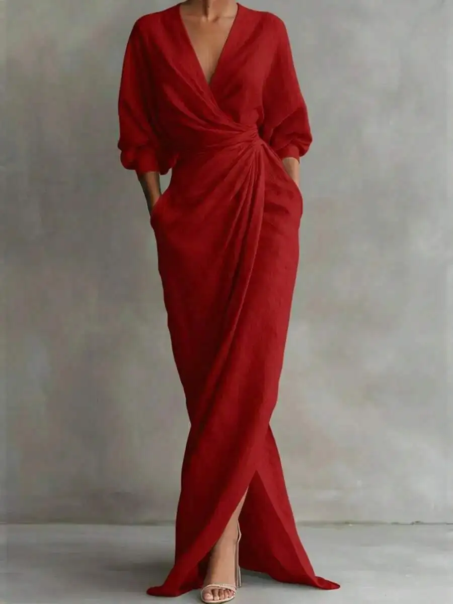 V-Neck Wrap Maxi Dress In Bold Red, Long Sleeves, Side Slit, Draped Waist With Functional Pockets For Women
V-Neck Wrap Maxi Dress In Bold Red, Long Sleeves, Side Slit, Draped Waist With Functional Pockets For Women