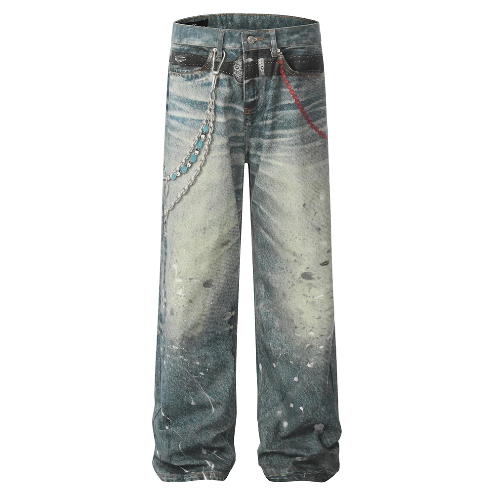 Мужские мешковатые джинсы с цепочкой и поясом с принтом, грязные джинсовые брюки, уличная одежда, потертые винтажные синие свободные брюки
Мужские мешковатые джинсы с цепочкой и поясом с принтом, грязные джинсовые брюки, уличная одежда, потертые винтажные синие свободные брюки