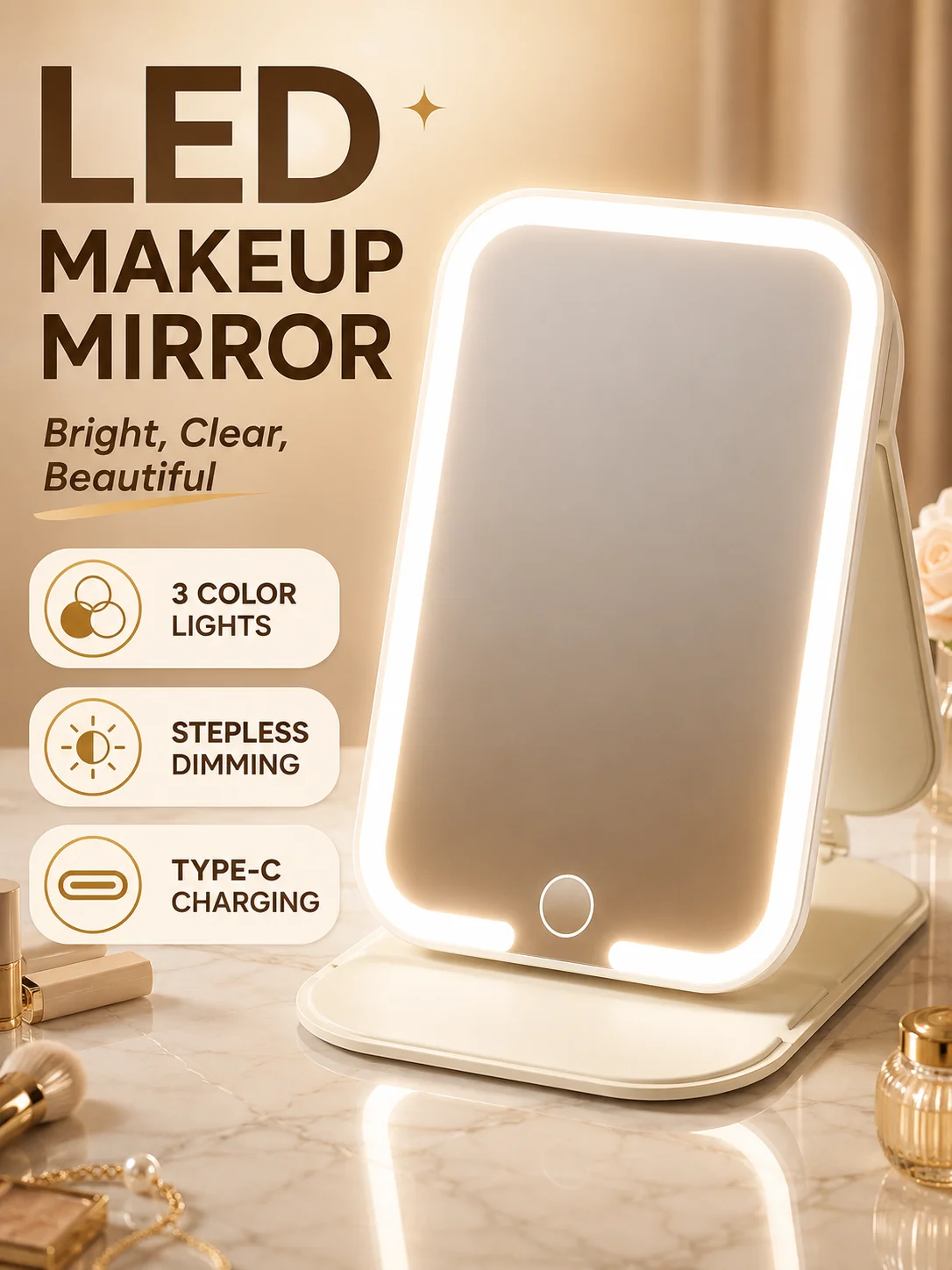 LED Makeup Mirror Portable Folding Makeup Mirror Desktop Makeup Mirror 3 color Stepless Adjustable Lighting Type-c
LED Makeup Mirror Portable Folding Makeup Mirror Desktop Makeup Mirror 3 color Stepless Adjustable Lighting Type-c