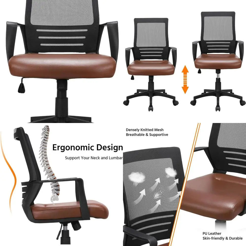 Brown Leather Seat Mid-Back Mesh Office Chair with Armrests, Lumbar Support for Executive Use
Brown Leather Seat Mid-Back Mesh Office Chair with Armrests, Lumbar Support for Executive Use