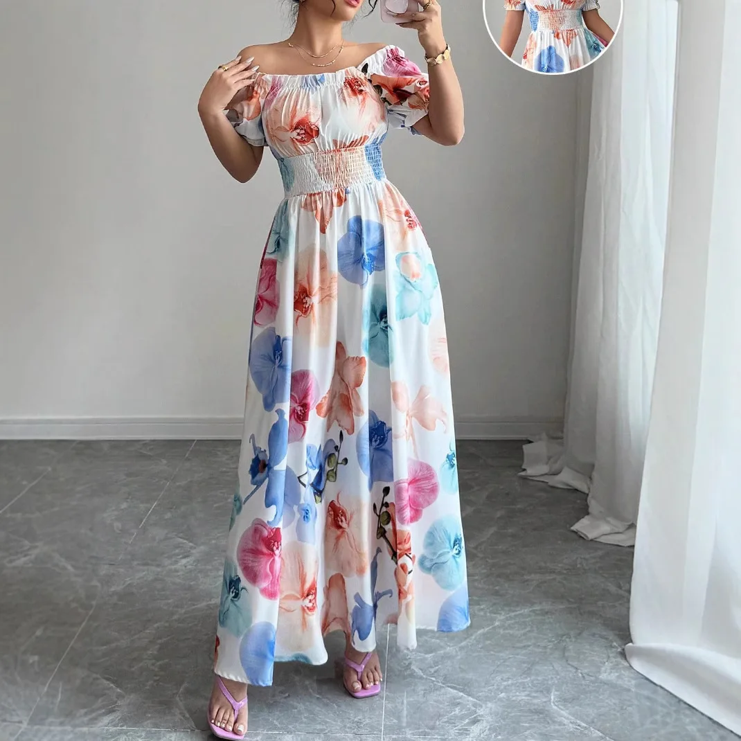 Slash Neck Sexy Print Dresses Women High Waist Dress Sleeve Vestidos Loose Ankle Length Length 2025 Spliced Shirring Summer
Slash Neck Sexy Print Dresses Women High Waist Dress Sleeve Vestidos Loose Ankle Length Length 2025 Spliced Shirring Summer
