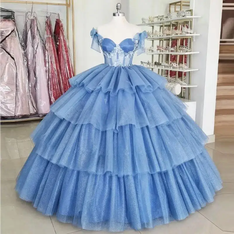 Customized Blue Princess Quinceanera Dresses with Bow Off The Shoulder Tiered Layering Frilled Dress 15 Anos Vestido
Customized Blue Princess Quinceanera Dresses with Bow Off The Shoulder Tiered Layering Frilled Dress 15 Anos Vestido