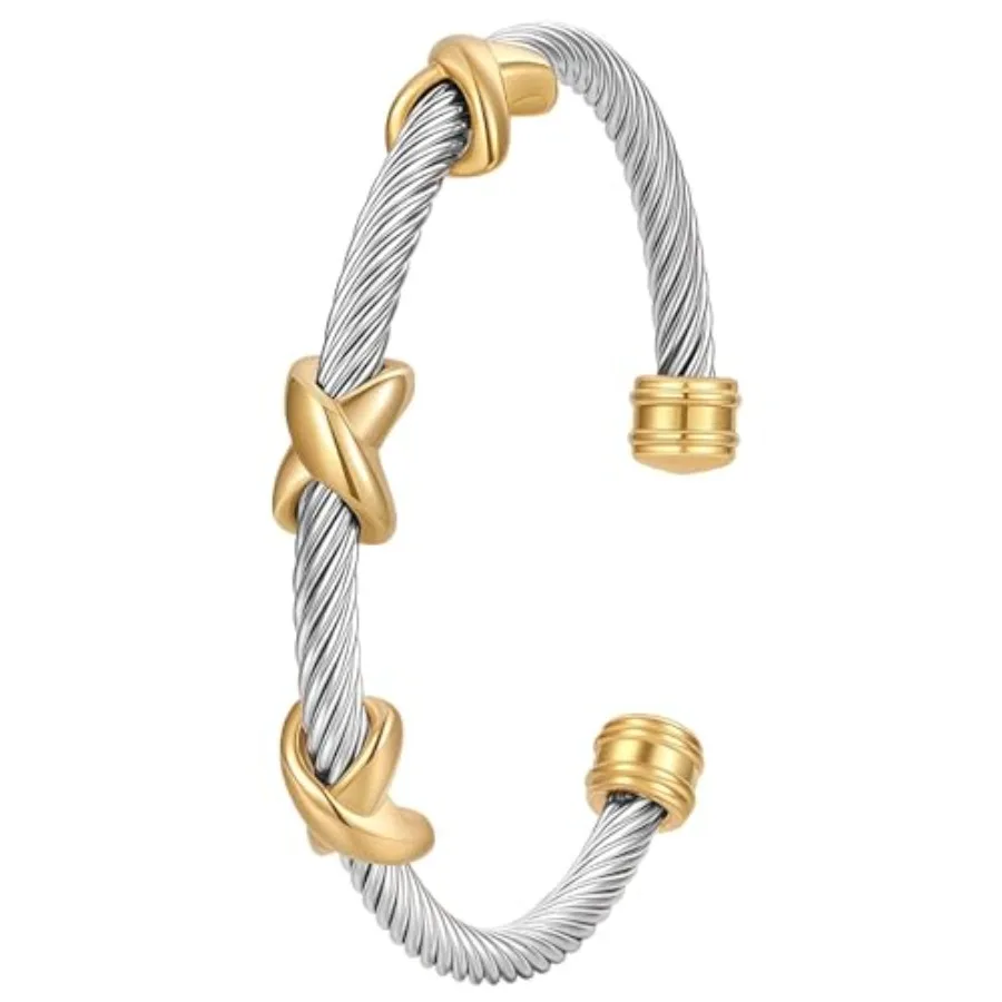 Multi Twisted Cable Wire Cuff Bracelet for Women, Classic Stainless Steel Two Tone Fashion Stackable Open Vintage Bangle with G
Multi Twisted Cable Wire Cuff Bracelet for Women, Classic Stainless Steel Two Tone Fashion Stackable Open Vintage Bangle with G