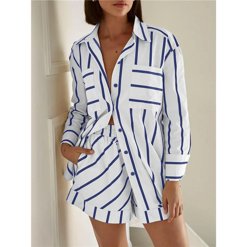 ASDS-Женские полосатые комплекты из двух предметов: рубашки на пуговицах и шорты, одинаковые комплекты для отдыха 
ASDS-Женские полосатые комплекты из двух предметов: рубашки на пуговицах и шорты, одинаковые комплекты для отдыха