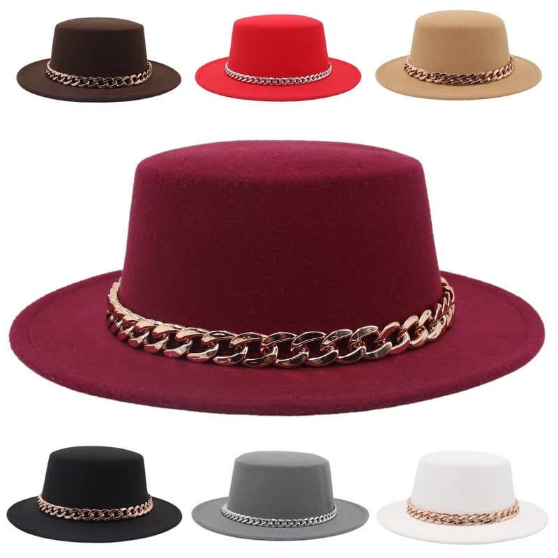 Classic Solid Color Golden Acrylic Chain Women Fedora Hats Gentleman Jazz Men Retro Lady Flat Wide Big Brim Dress Round Top Hat
Classic Solid Color Golden Acrylic Chain Women Fedora Hats Gentleman Jazz Men Retro Lady Flat Wide Big Brim Dress Round Top Hat