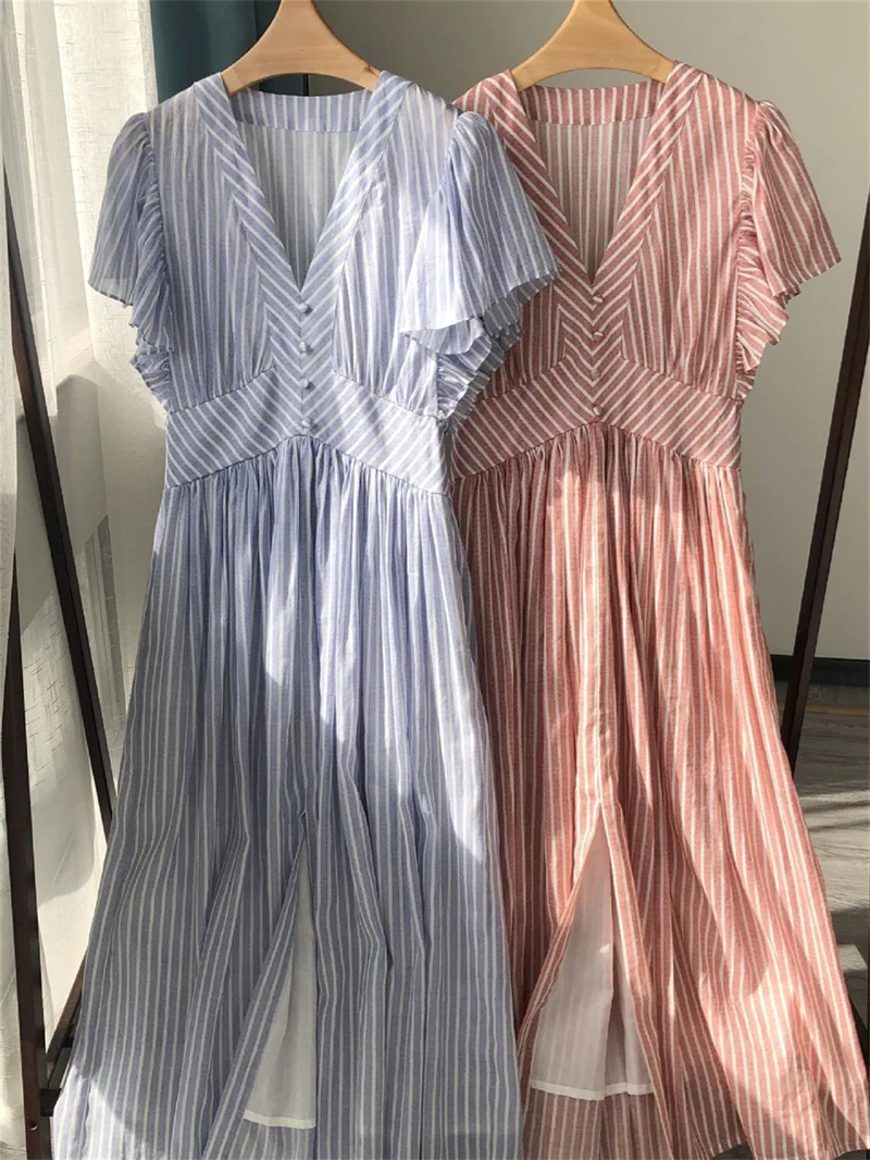 Ladies V-Neck Splicing High Waist Split Dresses Summer New Women's Flying Sleeve Striped Slim Mid-Length Dress French
Ladies V-Neck Splicing High Waist Split Dresses Summer New Women's Flying Sleeve Striped Slim Mid-Length Dress French
